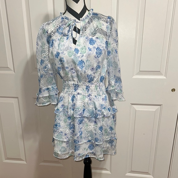 ADELYN RAE Juliana Eyelet Blue and White Floral Mini Dress - Picture 1 of 5